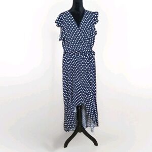 Navy Blue White Polka Dot High Low Maxi Wrap Dress Flutter Sleeve Womens XL